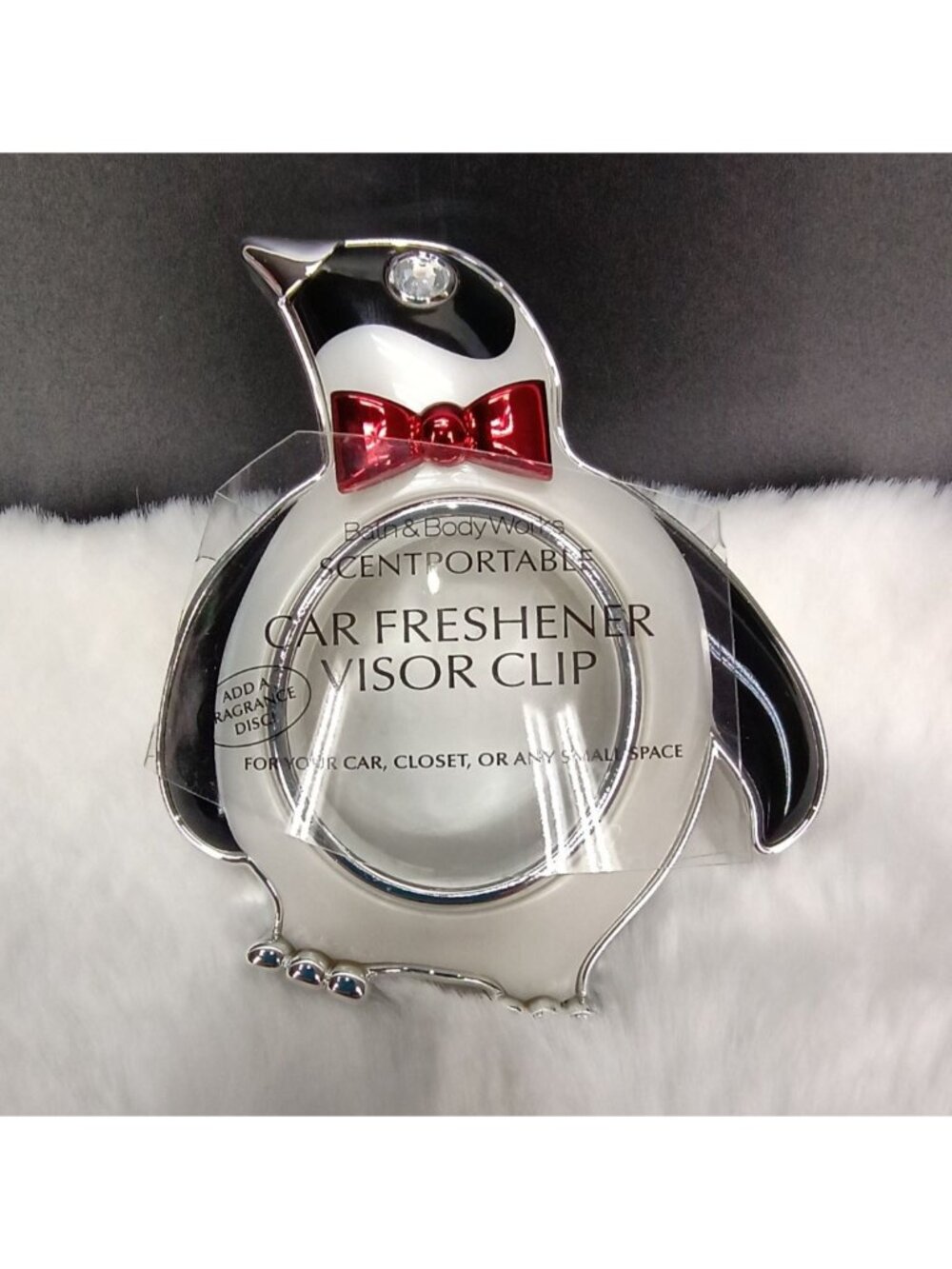 Bath & Body Works Penguin Car Visor Clip Air Freshener Holder With Red Bow‎ Tie